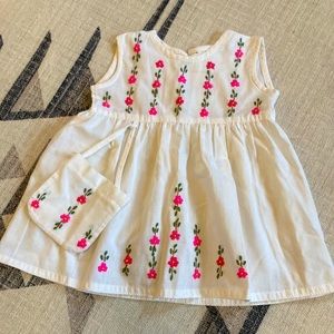 White Linen Dress with Pink Floral Embroidery, 0
